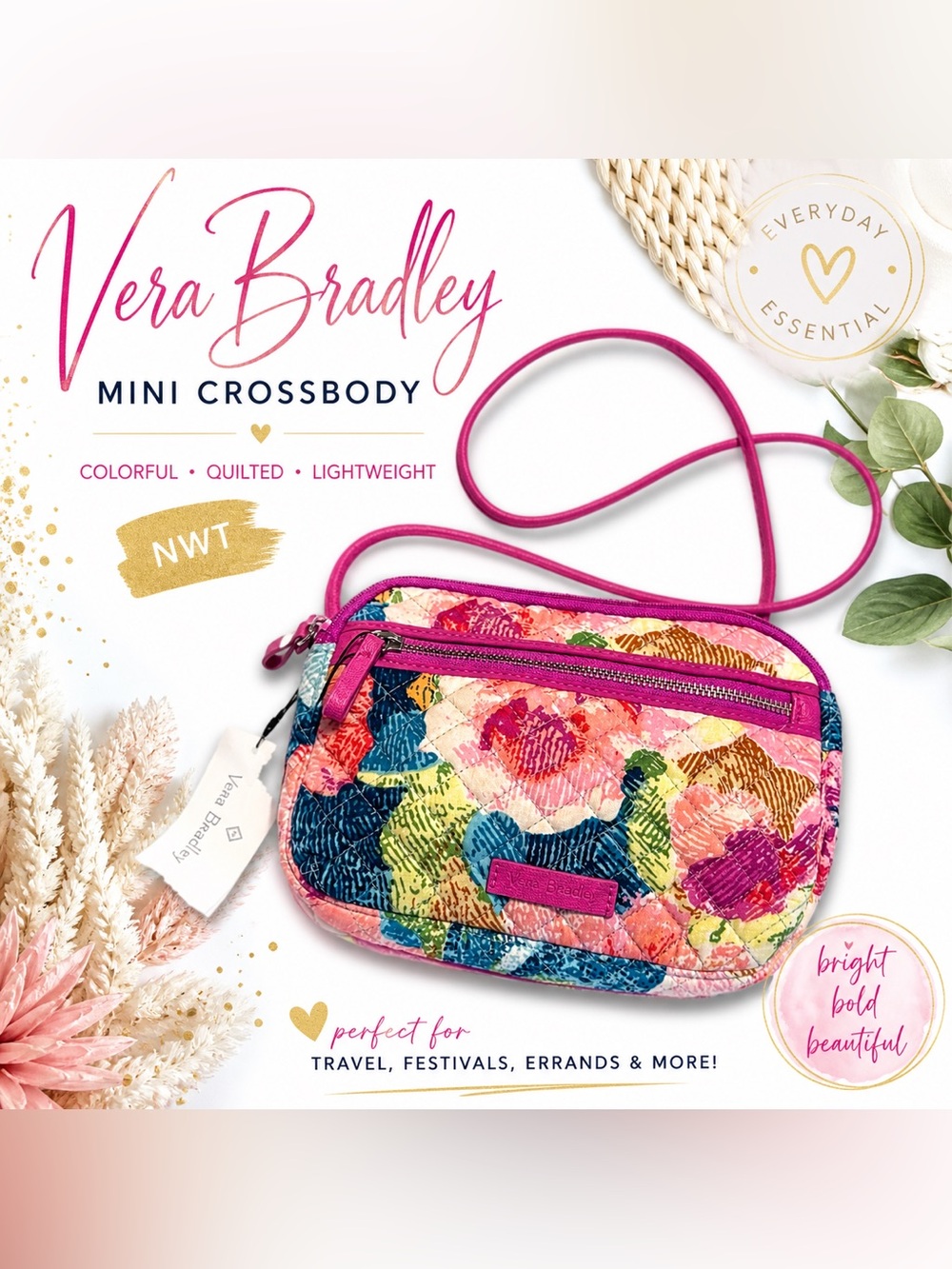 NWT Vera Bradley Super Bloom Quilted Mini Crossbody Bag Bright Print